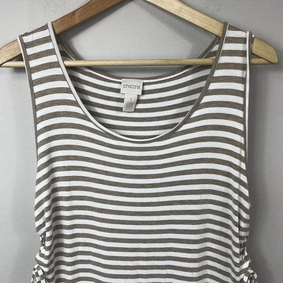 Chico's Tan White Striped Tank Midi Dress Sz 1 M 8 Sleeveless Side ties - Picture 2 of 12